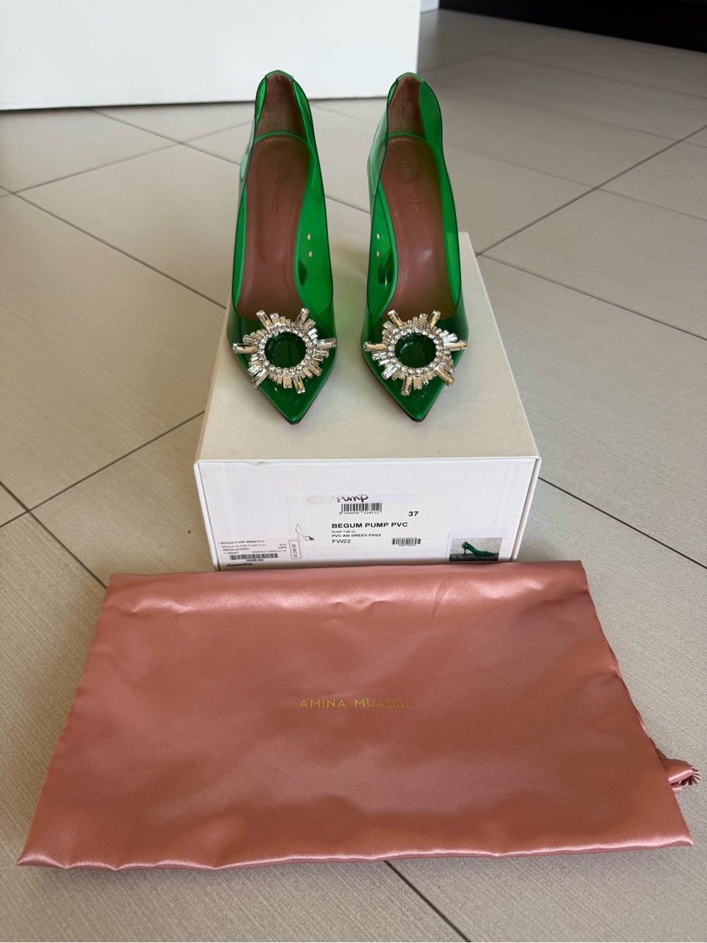 Amina Muaddi Green Begum PVC Pointed Toe Pumps with Crystal Brooch 37